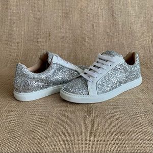 L.K Bennett London Sequin Sneakers White & Silver Sparkle Tennis Shoes Sz. 37